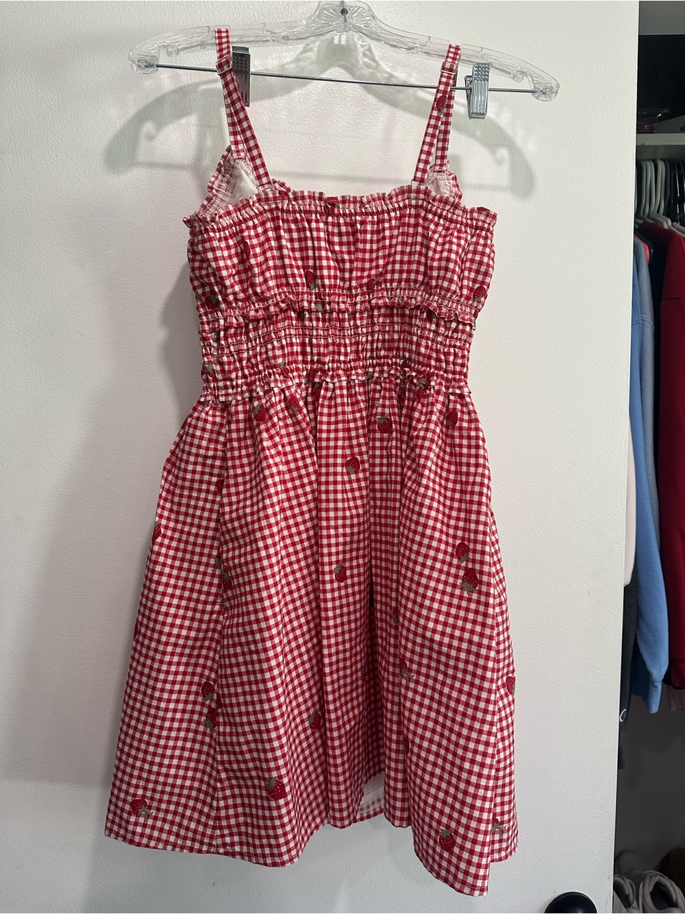 Abercrombie & Fitch Red Gingham Smocked Strap Dress with Strawberry Print - Picture 2 of 8
